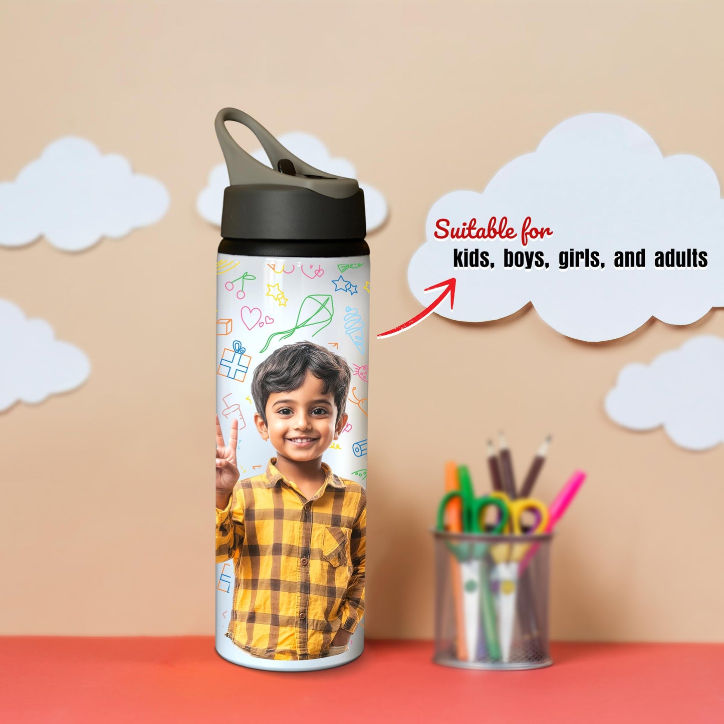 Savri Personalized Aluminium Photo Bottle – Custom Name & Picture Printed – Bottle for Kids, School, Gym, Office – Ideal Return Gift for Birthday, Christmas, Festivals (750 Ml - White)