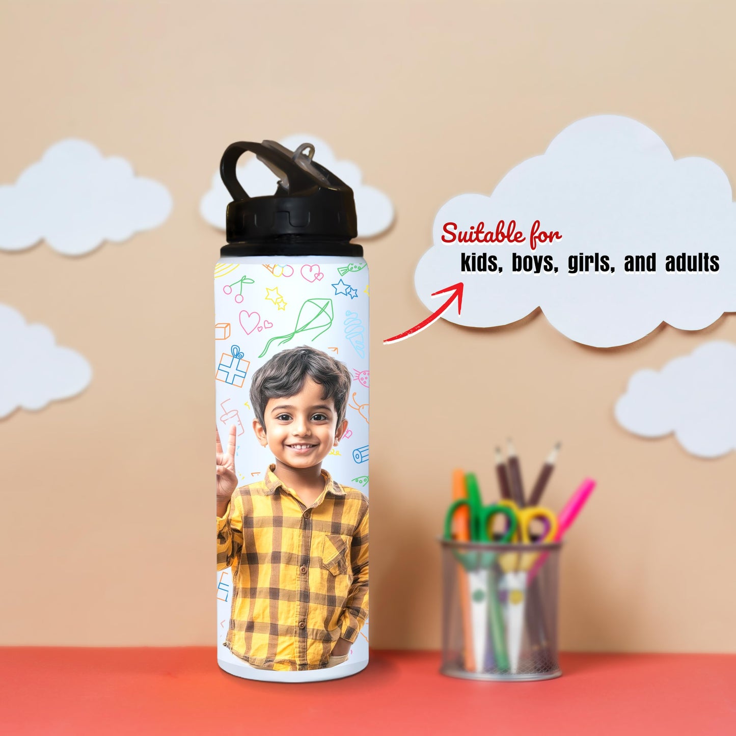 Savri Personalized Aluminium Photo Bottle – Custom Name & Picture Printed – Bottle for Kids, School, Gym, Office – Ideal Return Gift for Birthday, Christmas, Festivals (750 Ml - White)
