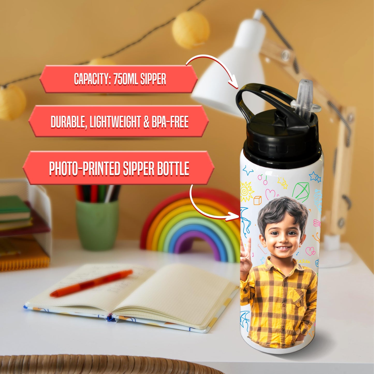 Savri Personalized Aluminium Photo Bottle – Custom Name & Picture Printed – Bottle for Kids, School, Gym, Office – Ideal Return Gift for Birthday, Christmas, Festivals (750 Ml - White)
