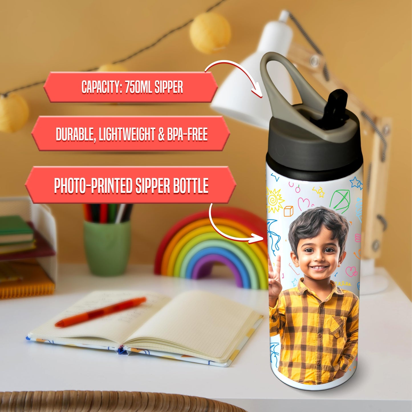 Savri Personalized Aluminium Photo Bottle – Custom Name & Picture Printed – Bottle for Kids, School, Gym, Office – Ideal Return Gift for Birthday, Christmas, Festivals (750 Ml - White)