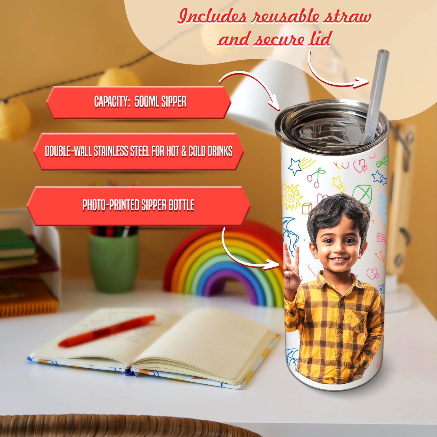 Savri Personalized Aluminium Photo Bottle – Custom Name & Picture Printed – Bottle for Kids, School, Gym, Office – Ideal Return Gift for Birthday, Christmas, Festivals (750 Ml - White)
