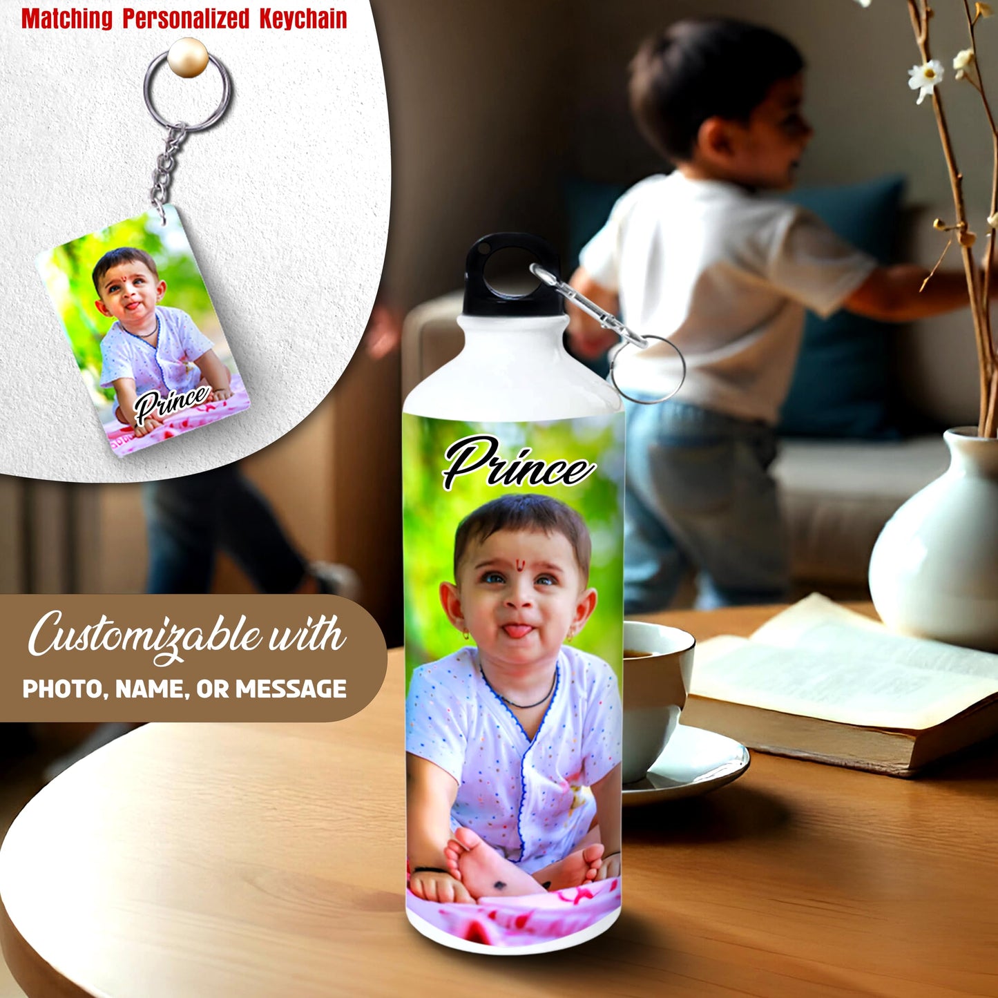 Savri Personalized Aluminium Photo Bottle – Custom Name & Picture Printed – Bottle for Kids, School, Gym, Office – Ideal Return Gift for Birthday, Christmas, Festivals (750 Ml - White)